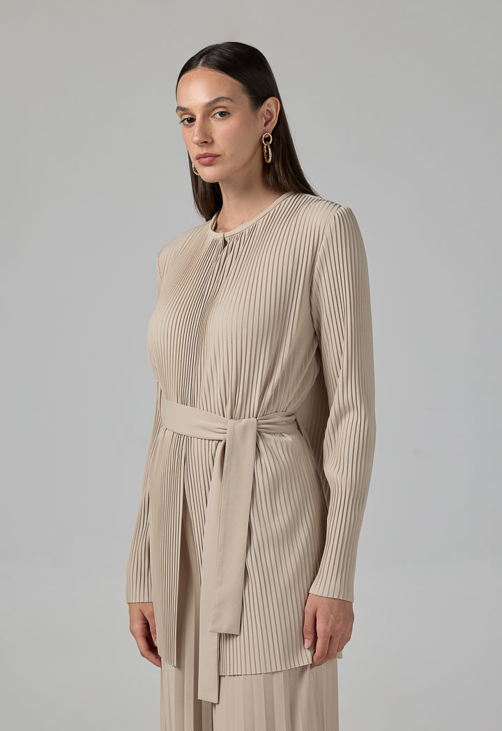 Choice Solid Pleated Belted Jacket Beige