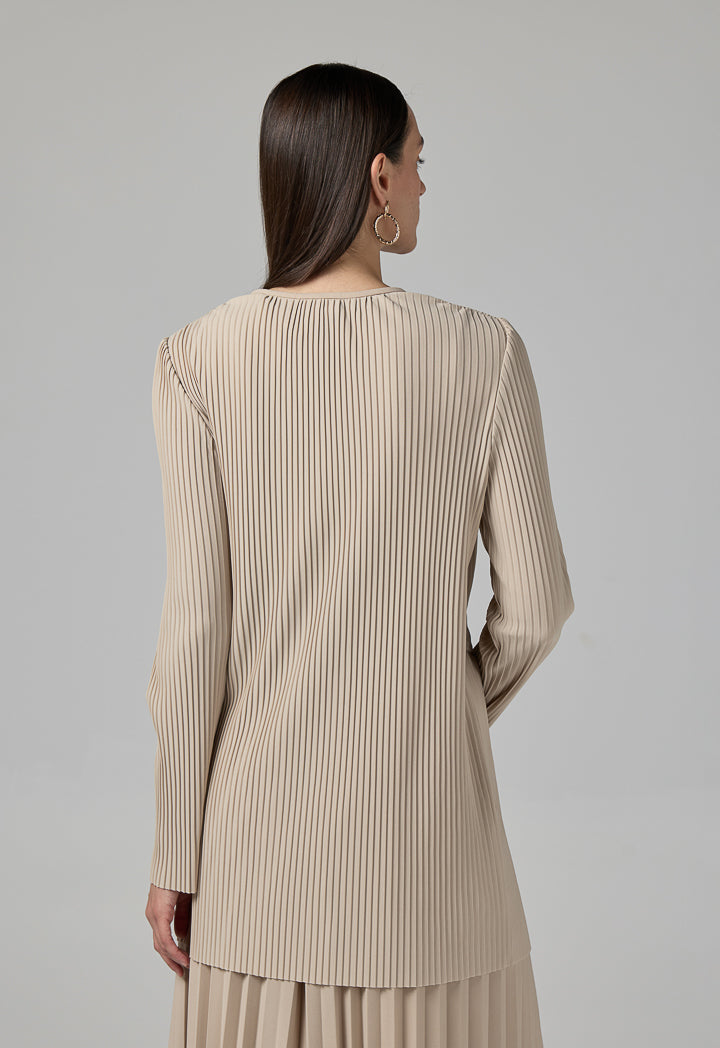 Choice Solid Pleated Belted Jacket Beige