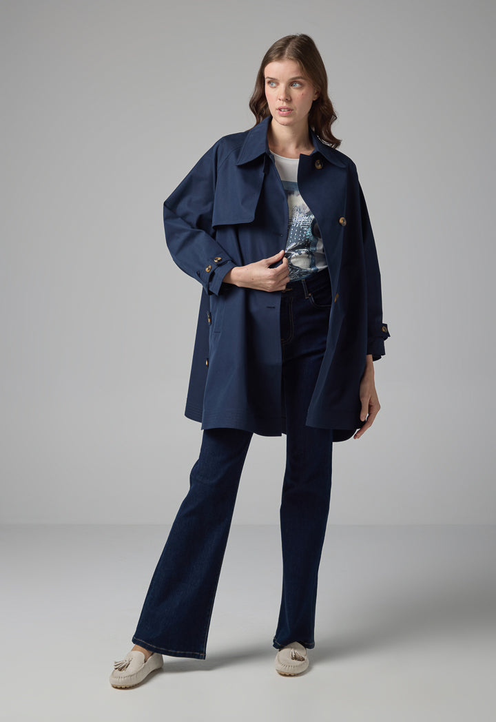 Choice Long Raglan Sleeve Belted Midi Coat Navy