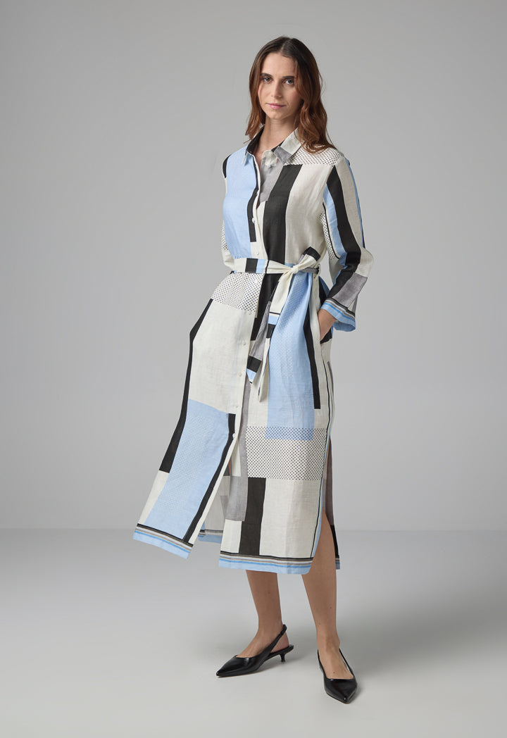 Choice Long Sleeve Printed Belted Shirt Dress Multi Color