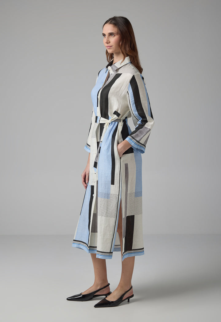Choice Long Sleeve Printed Belted Shirt Dress Multi Color