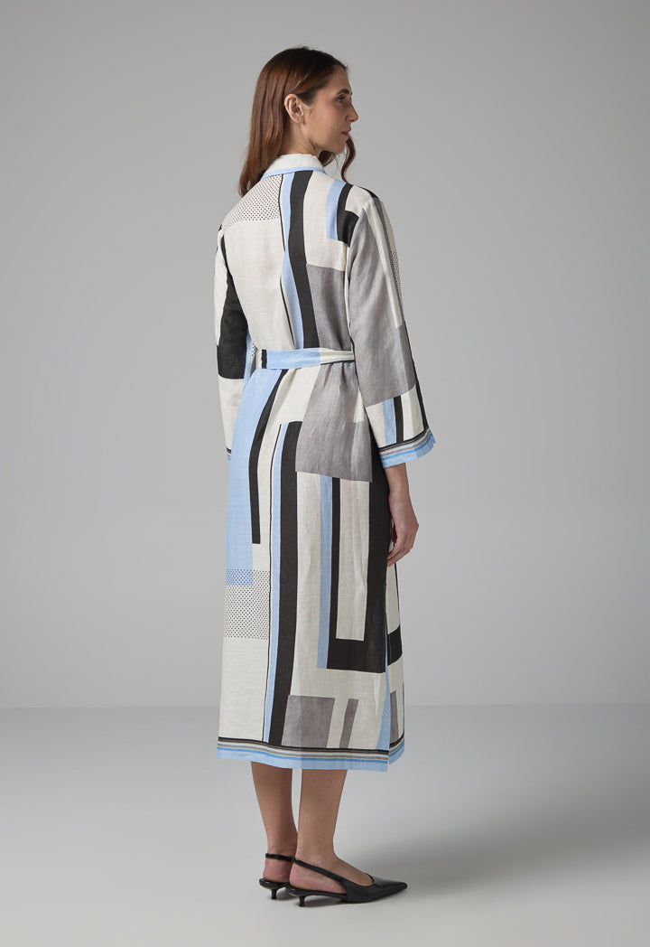 Choice Long Sleeve Printed Belted Shirt Dress Multi Color