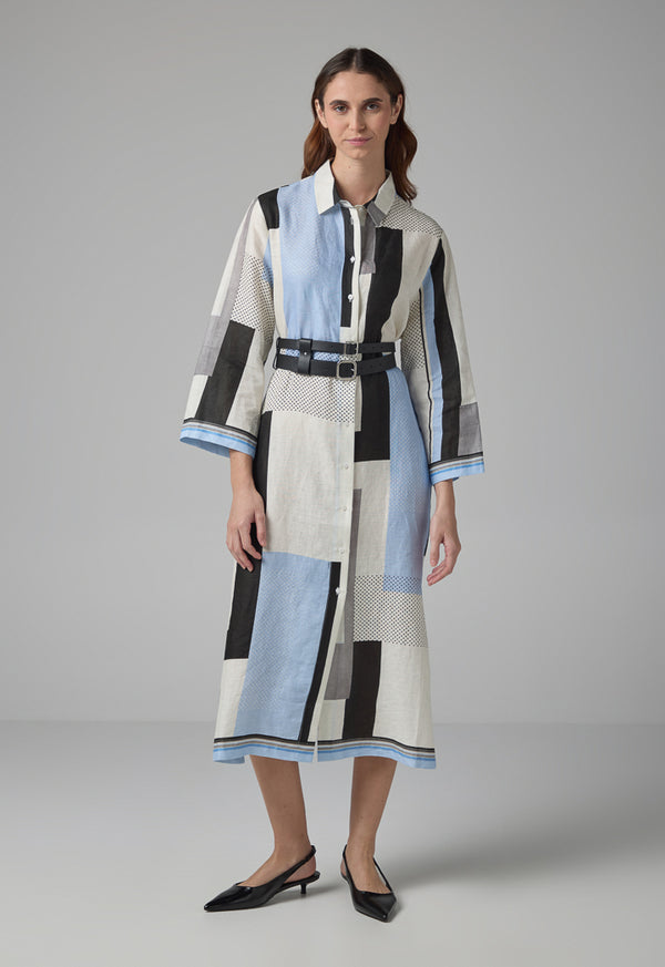 Choice Long Sleeve Printed Belted Shirt Dress Multi Color