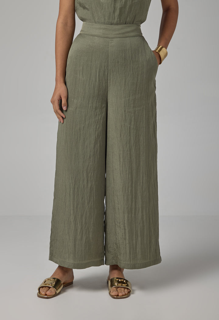 Choice Crinkled Elastic Waist Wide Leg Trousers Olive