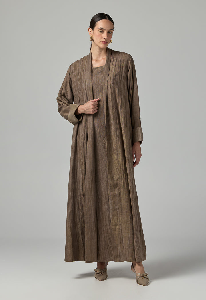 Choice Long Sleeves Crinkled Maxi Open Abaya With Hijab (2Pcs) Brown