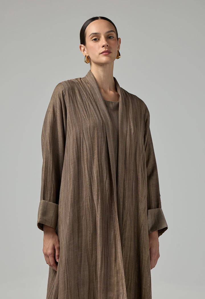 Choice Long Sleeves Crinkled Maxi Open Abaya With Hijab (2Pcs) Brown