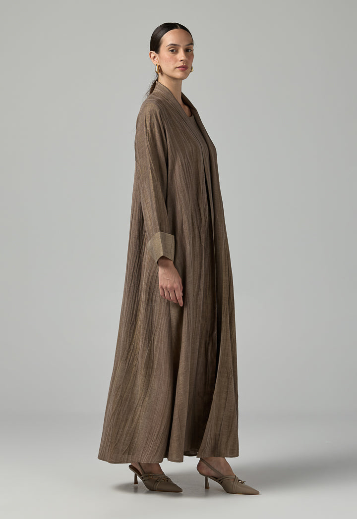 Choice Long Sleeves Crinkled Maxi Open Abaya With Hijab (2Pcs) Brown