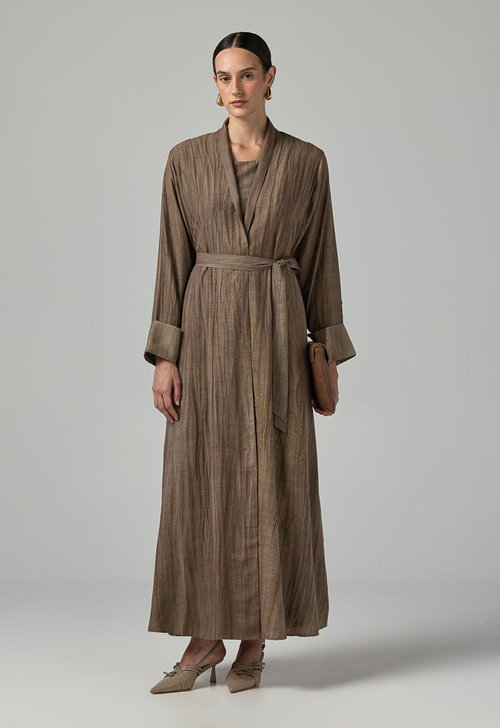 Choice Long Sleeves Crinkled Maxi Open Abaya With Hijab (2Pcs) Brown