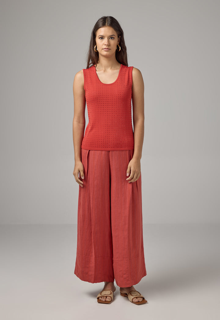 Choice Sleeveless Crystal Embellished Knitted Top Red