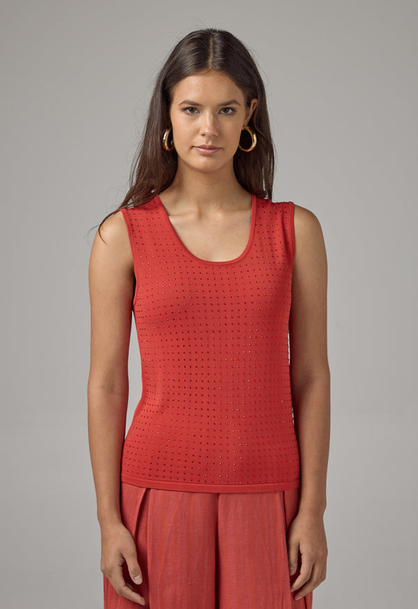 Choice Sleeveless Crystal Embellished Knitted Top Red