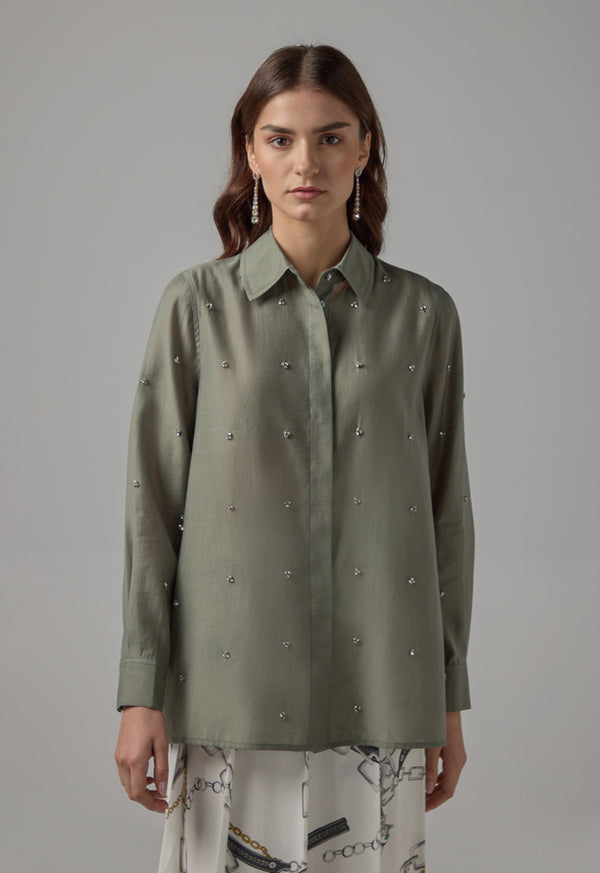 Choice Solid Crystal Embellished Shirt Olive