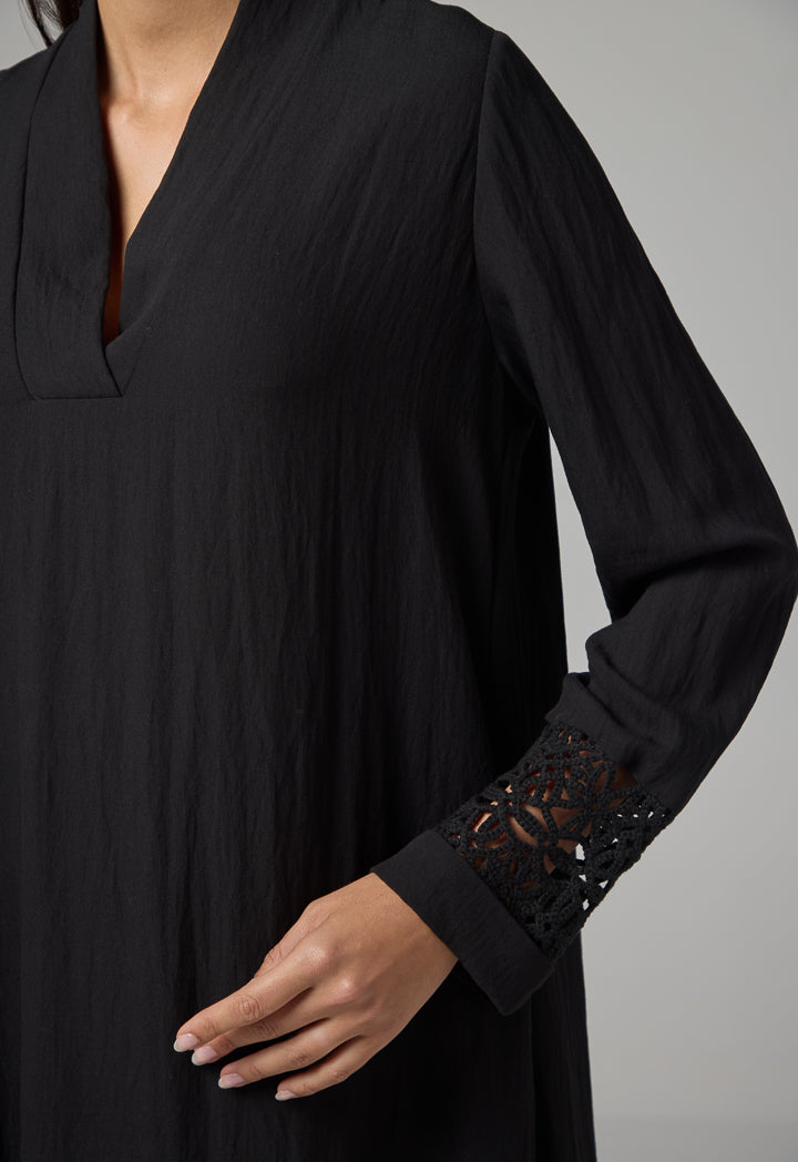 Choice Solid Long Sleeve Flared Dress Black