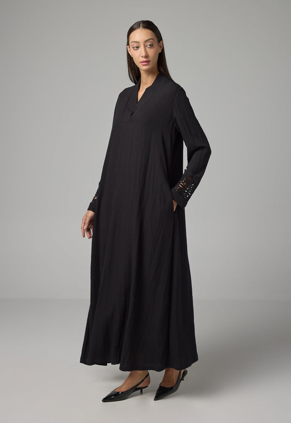 Choice Solid Long Sleeve Flared Dress Black