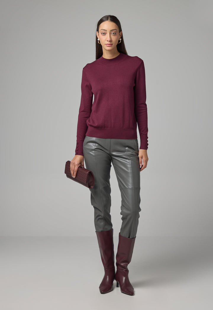 Choice High Round Neck Knitted Basic Blouse Burgundy