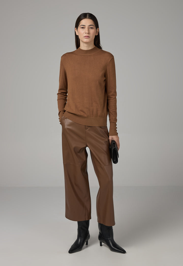 Choice High Round Neck Knitted Basic Blouse Camel