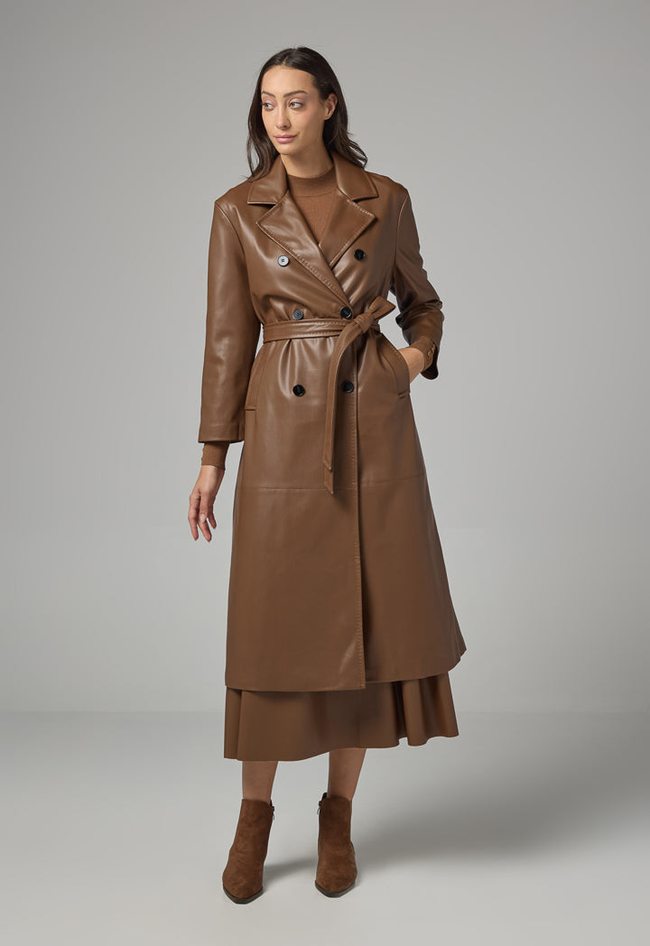 Choice Pu Leather Belted Maxi Trench Coat Brown