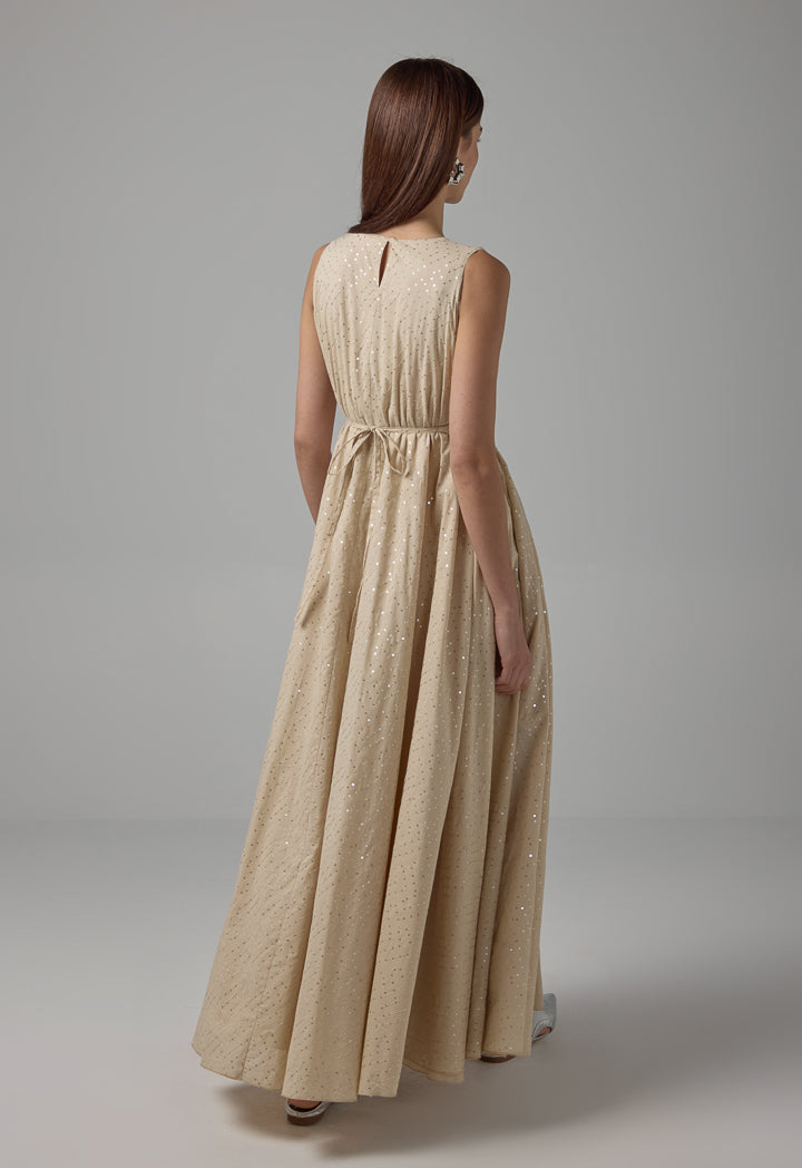 Choice Sequin Embellished Belted Maxi Dress Beige