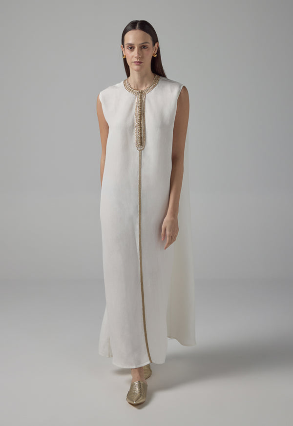 Choice Sleeveless Flared Lurex Kaftan Dress Off White