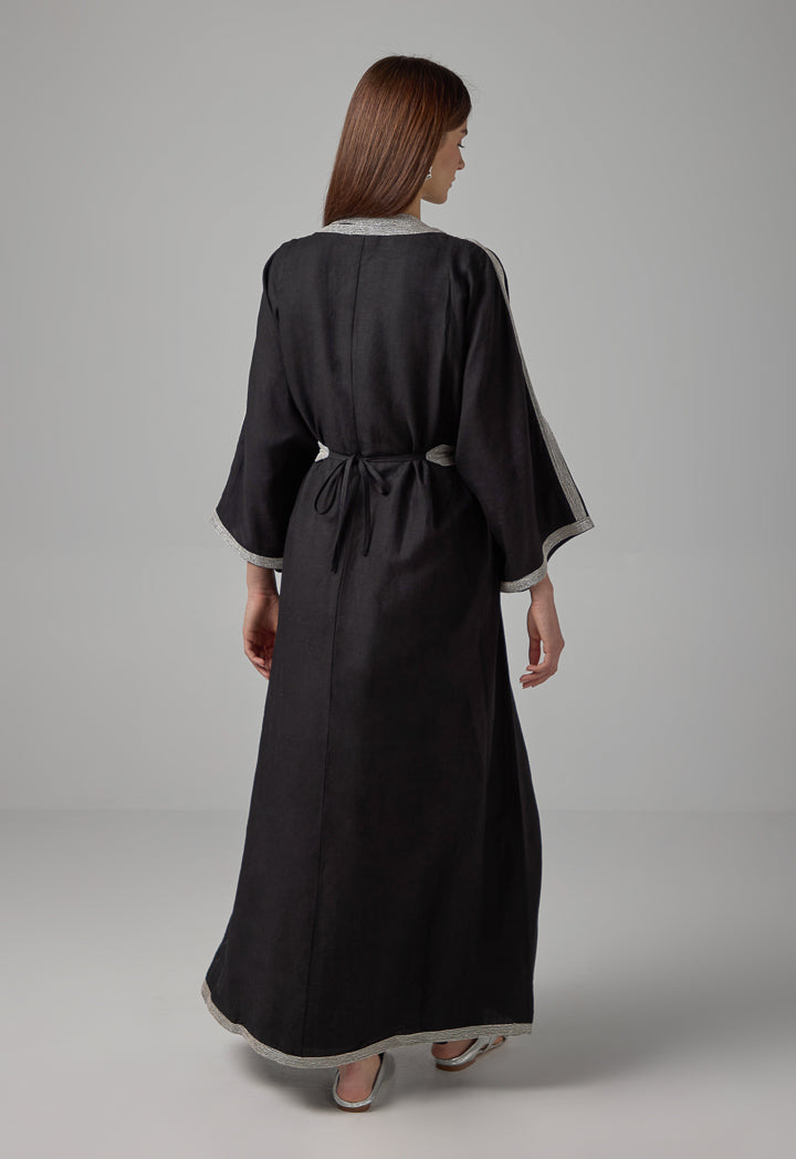 Choice Lurex Embroidered Flared Belted Abaya Black