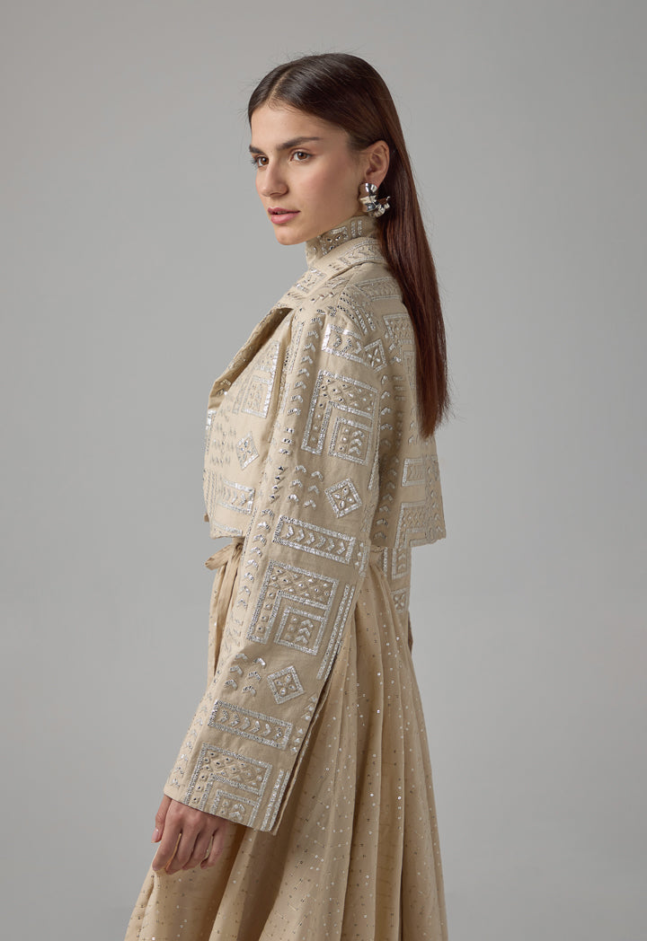 Choice Long Sleeve Mirror Embroidered Cropped Jacket Beige