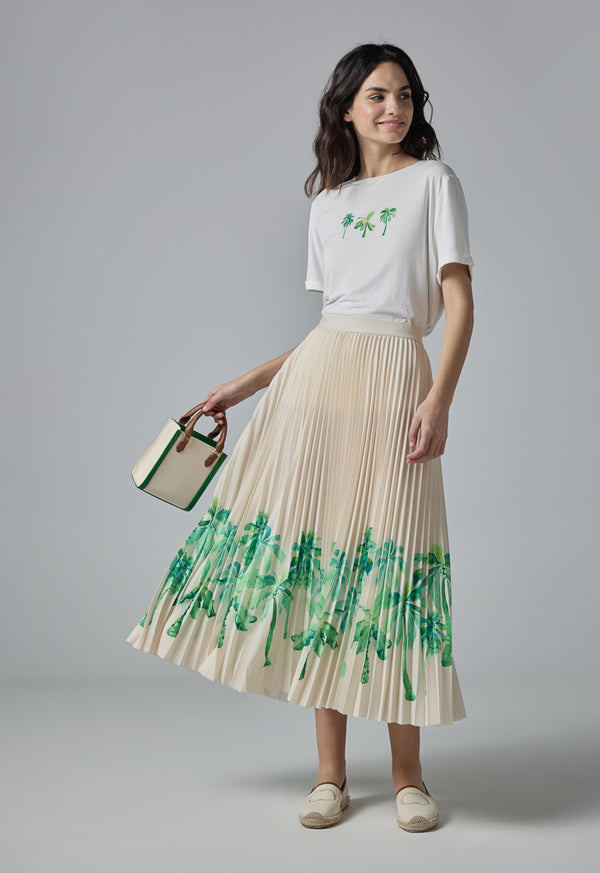 Choice Floral Print Pleated Skirt Cream
