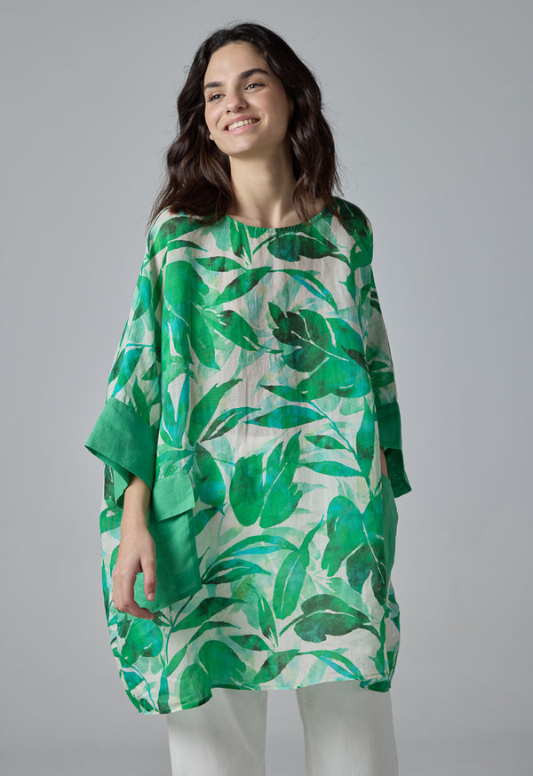 Choice Oversize Printed Front Flap Pockets Blouse Green