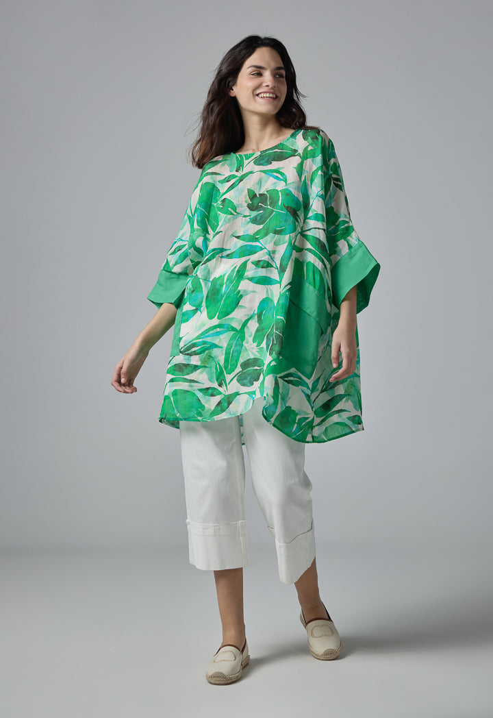 Choice Oversize Printed Front Flap Pockets Blouse Green