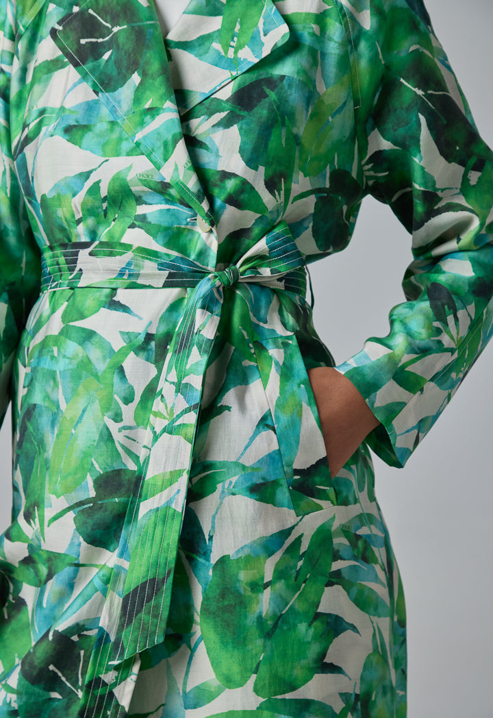 Choice Floral Print Belted Coat Green