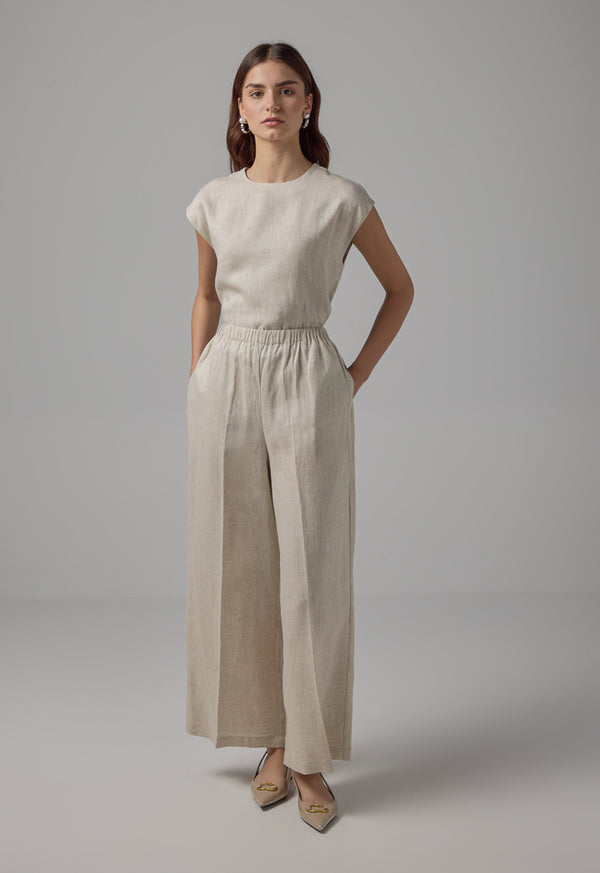 Choice Solid Linen Wide Leg Trousers Beige