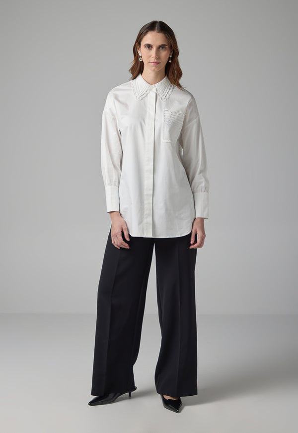 Choice Schiffli Collar Long Sleeves Shirt Off White