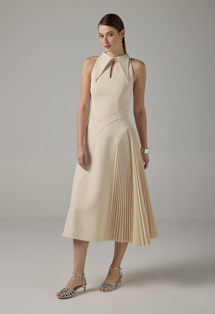 Choice Pointed Collar Pleated Maxi Dress Beige