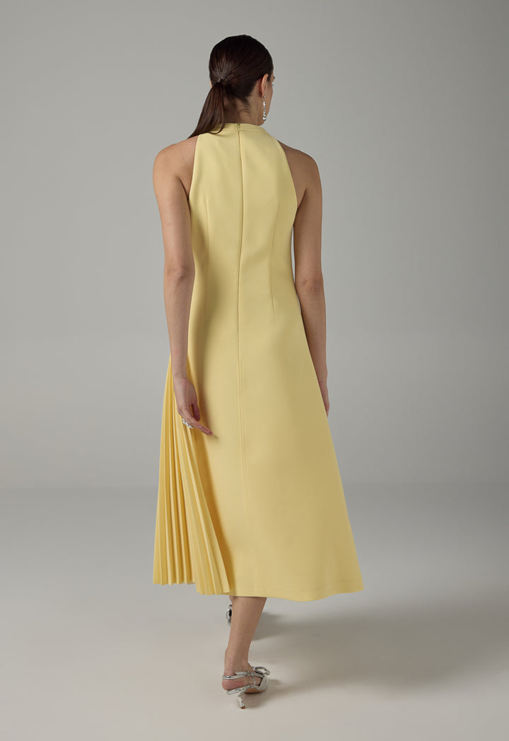 Choice Pointed Collar Pleated Maxi Dress Yellow