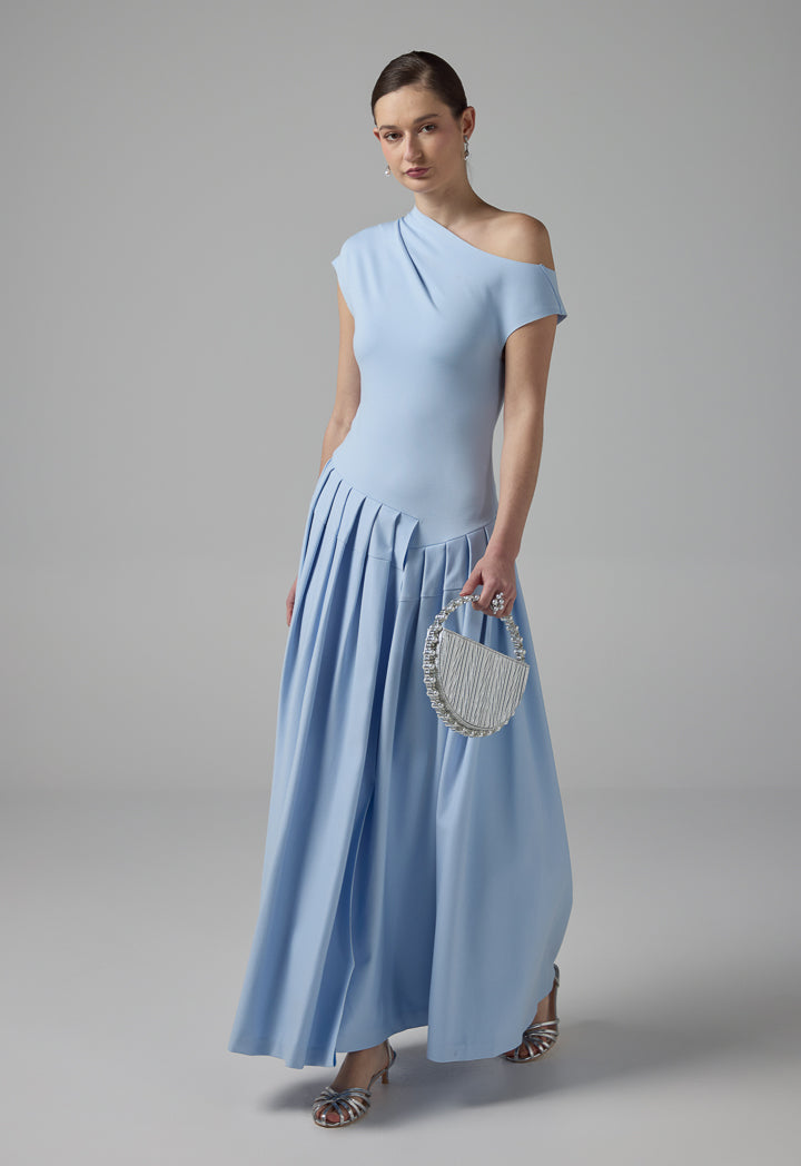 Choice Half Of Shoulder Pleated Dress Blue