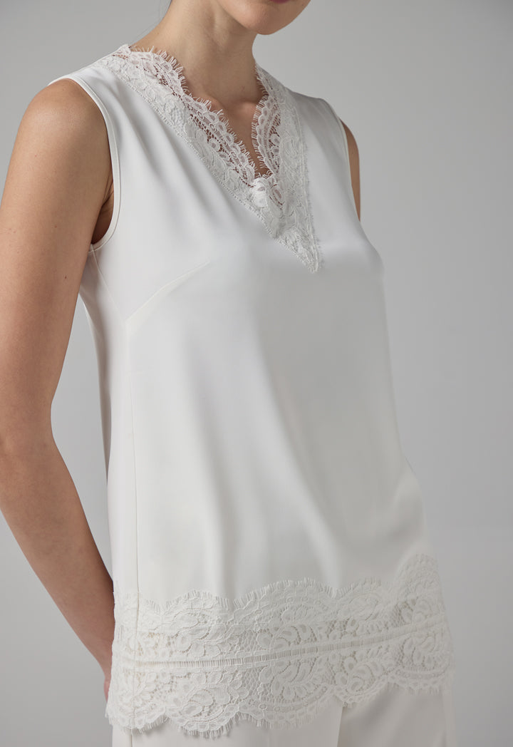 Choice Solid Sleeveless Lace Detail Top Off White