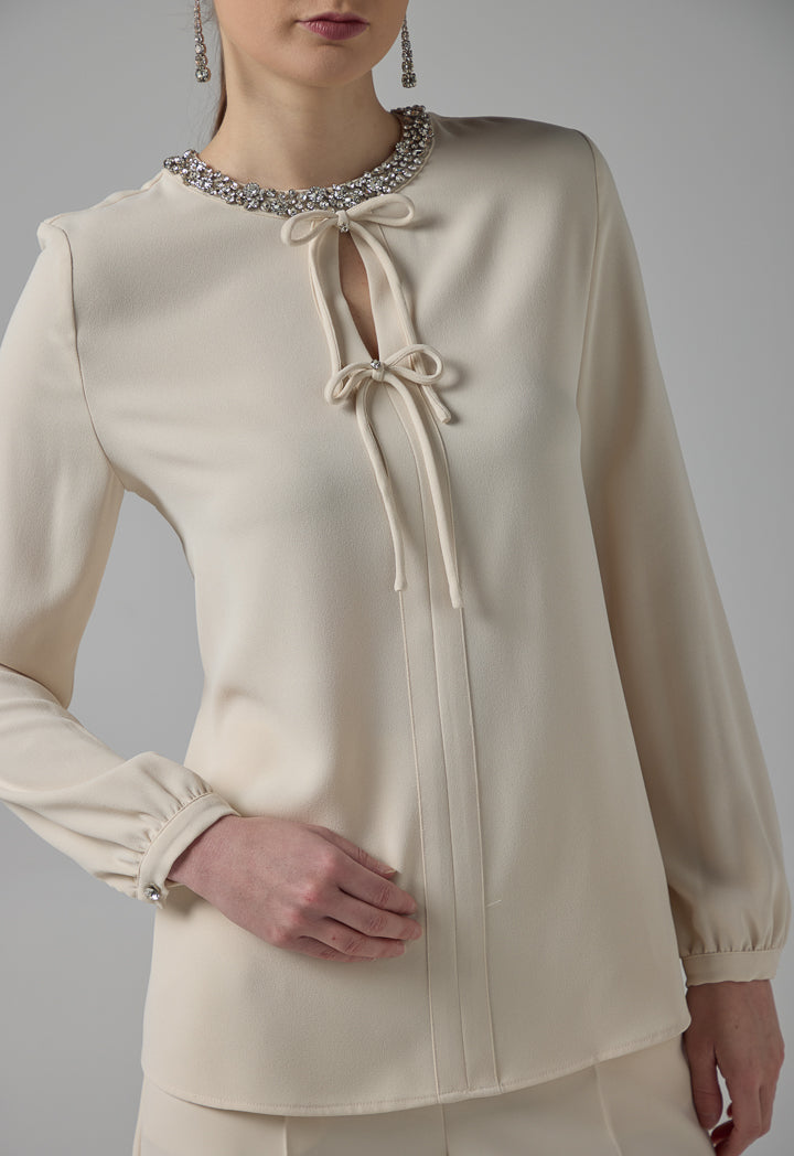 Choice Crystal Embellished Bow-Detail Blouse Beige