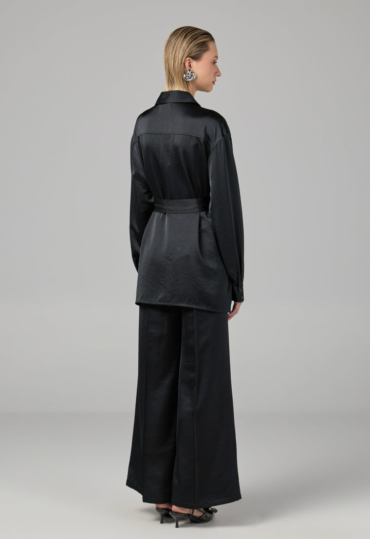 Choice Crystal Embellished Belted Shirt Black