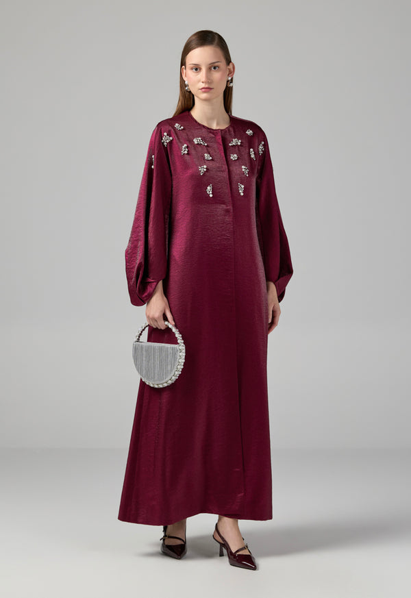 Choice Solid Crystal Pearl Embellished Maxi Coat Cherry