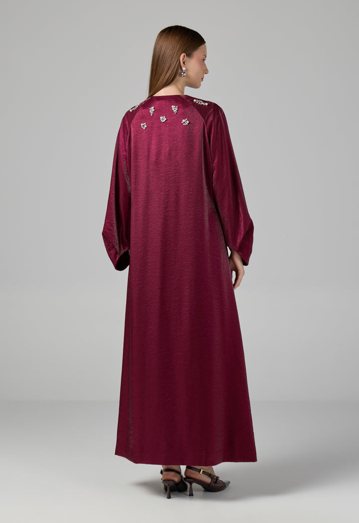 Choice Solid Crystal Pearl Embellished Maxi Coat Cherry