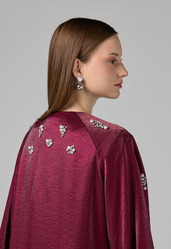 Choice Solid Crystal Pearl Embellished Maxi Coat Cherry
