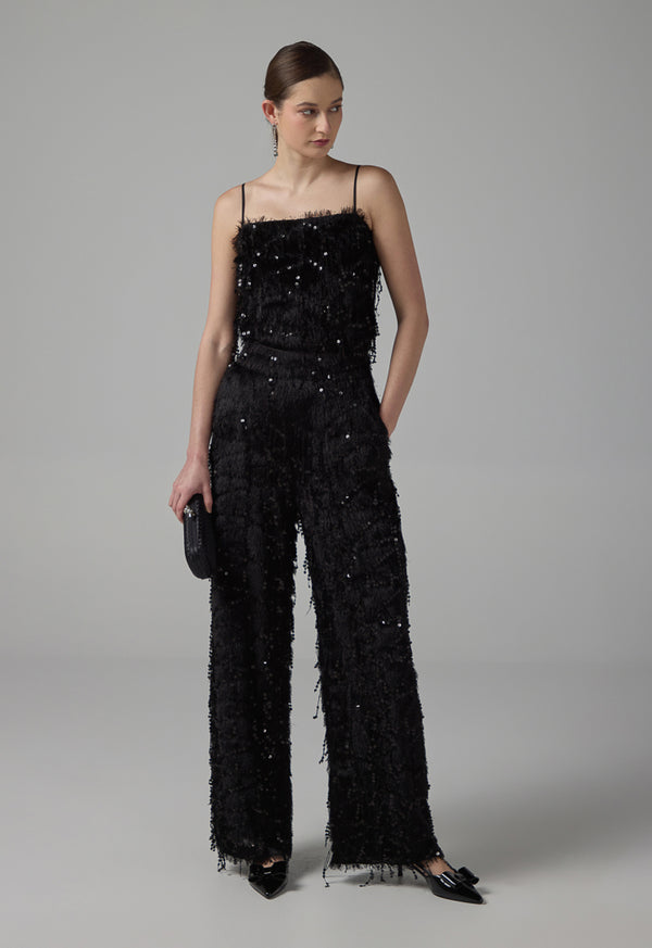 Choice Straight Legs Fringe Sequin Trousers Black