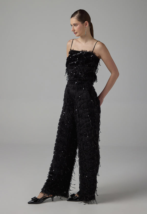 Choice Straight Legs Fringe Sequin Trousers Black