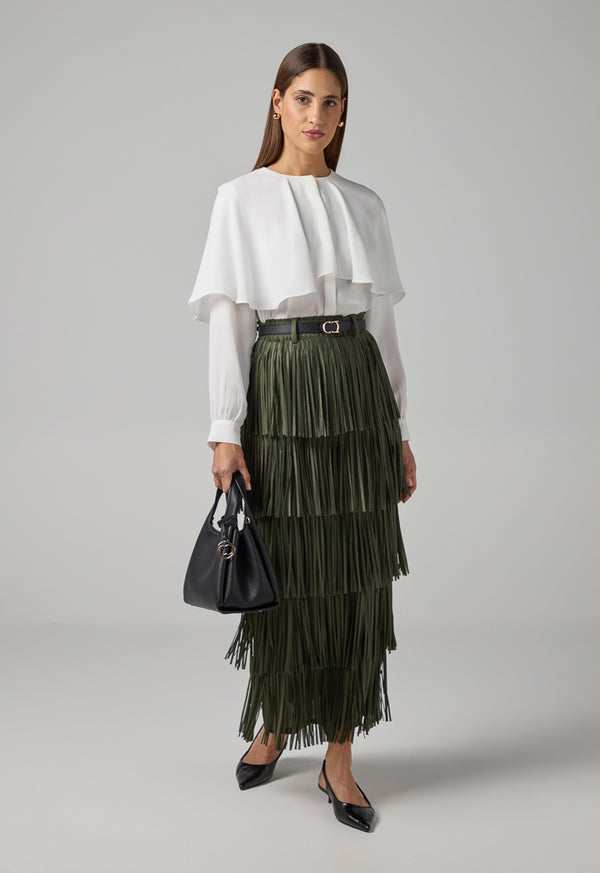 Choice Solid Pleated Fringe Maxi Skirt Khaki