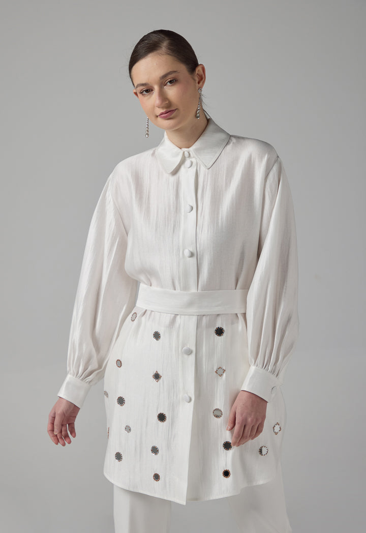 Choice Mirror Embroidered Belted Shirt Off White