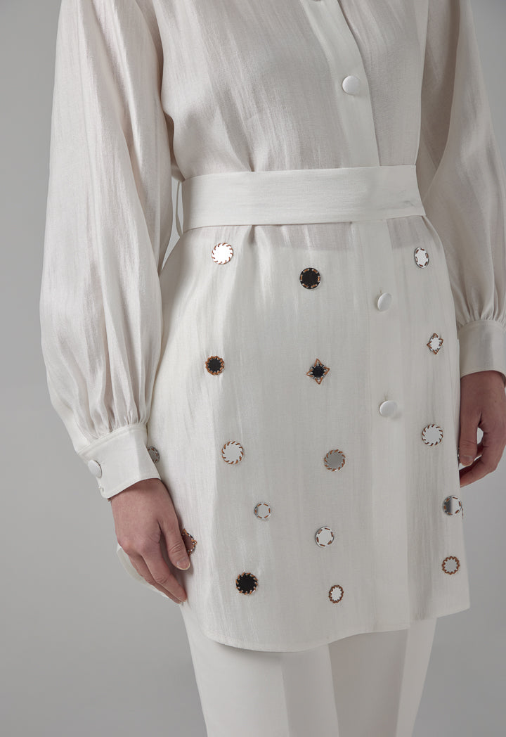 Choice Mirror Embroidered Belted Shirt Off White