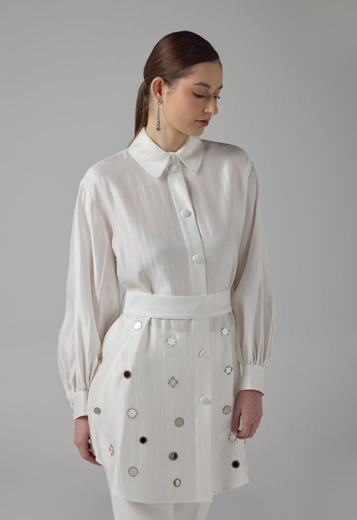 Choice Mirror Embroidered Belted Shirt Off White