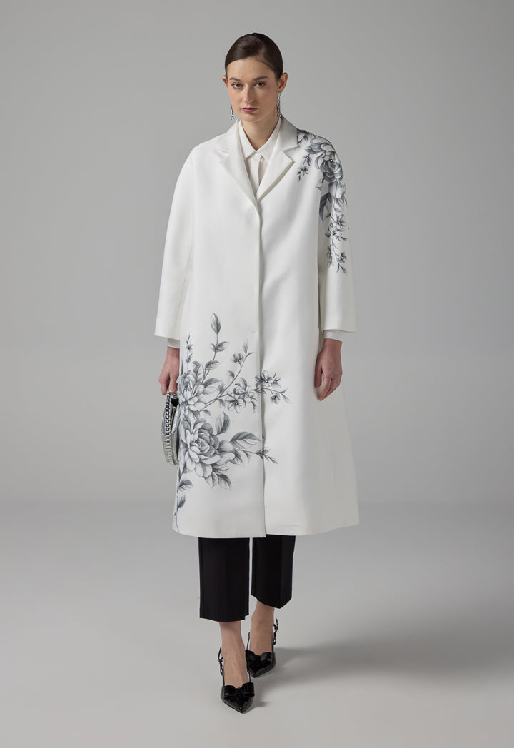 Choice Floral Printed Crystal Embellished Midi Coat Off White