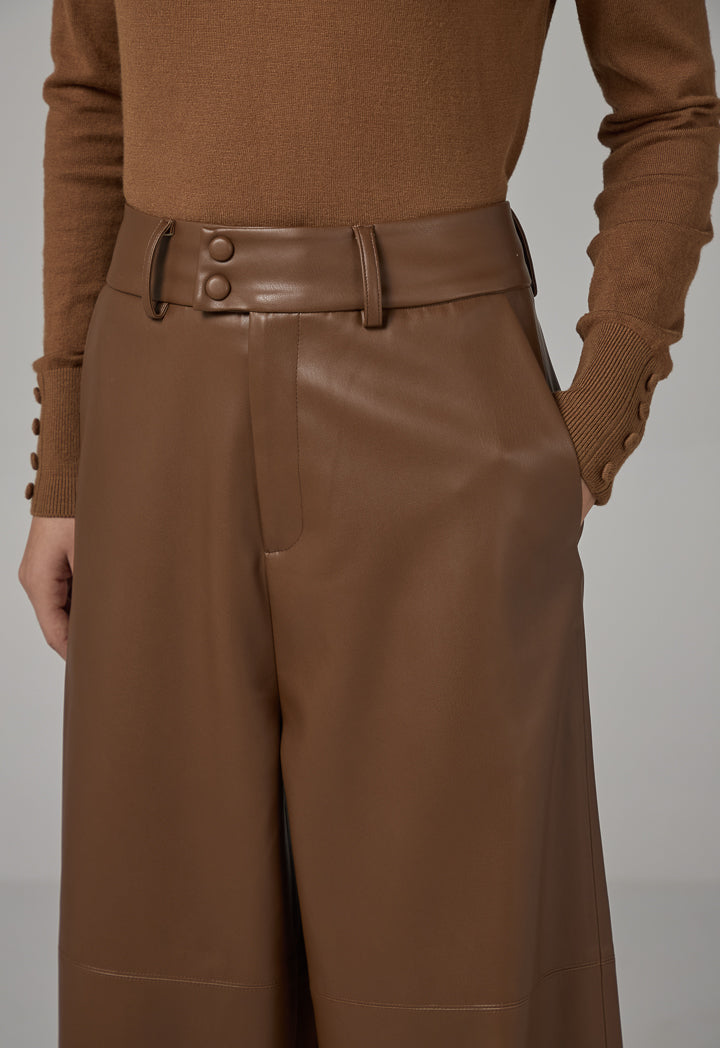 Choice Pu Leather Wide Legs Basic Trousers Brown