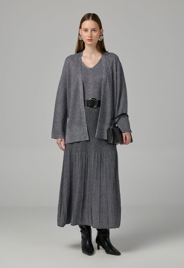 Choice Solid Lurex Knitted Belted Cardigan Silver