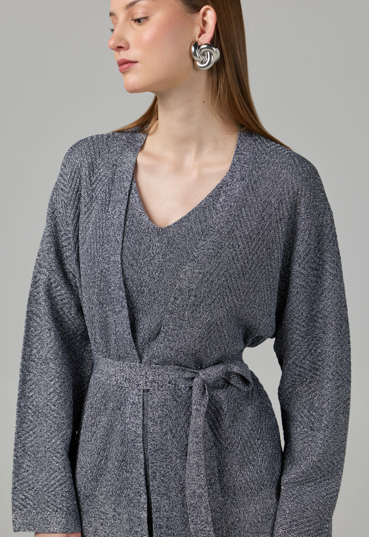 Choice Solid Lurex Knitted Belted Cardigan Silver