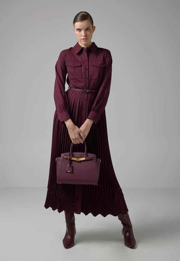 Choice Flap Pockets Pleated Dress Burgundy